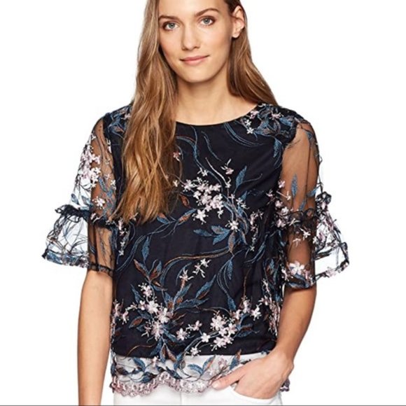 Nanette Lepore Tops - Nanette Lepore Embroidered Mesh Bell Sleeve Top